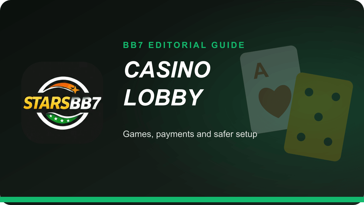 BB7 casino lobby guide with card and dice symbols